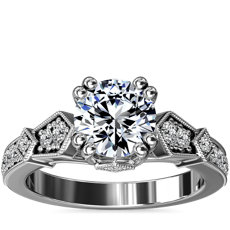 14k 白金裝飾藝術風雙爪鑽石訂婚戒指（1/5 克拉總重量）